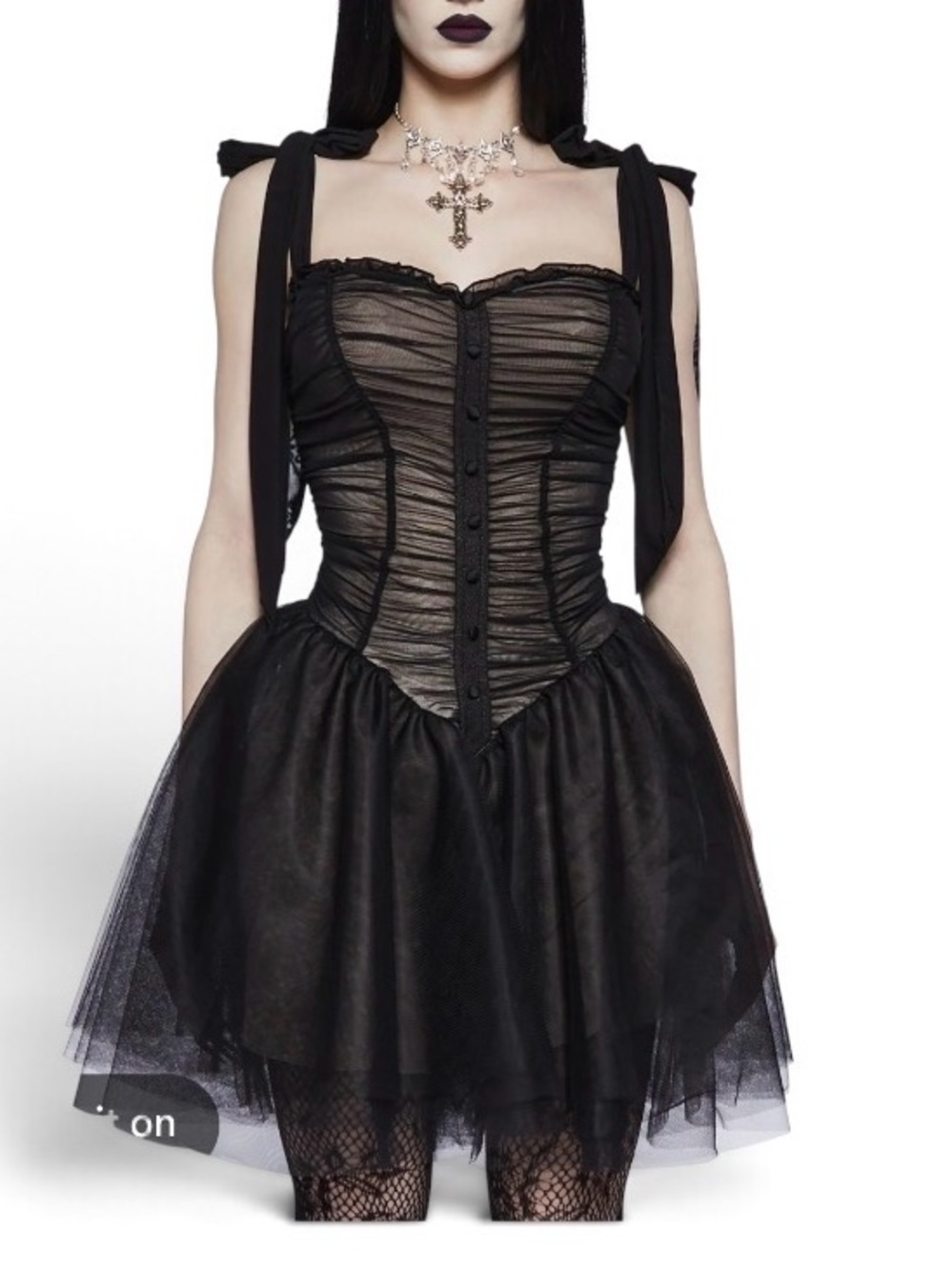 Widow Dolls Kill Gothic Black Ruched Mesh Corset Mini Dress with Ribbon Straps M